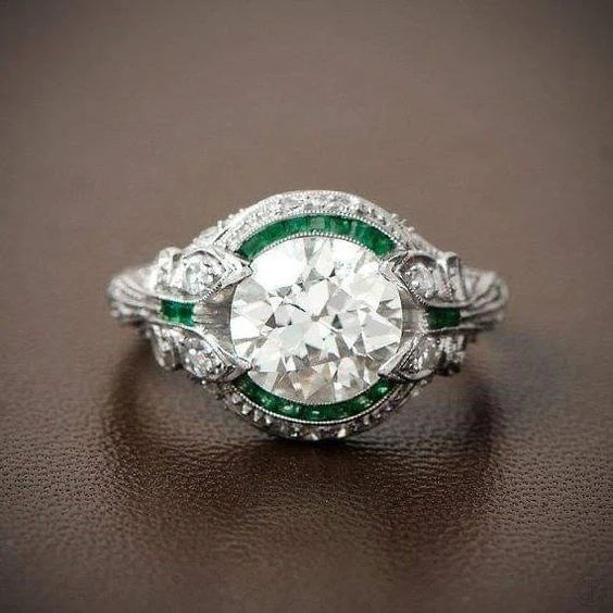 Bague vintage en verre vert et zirconium blanc