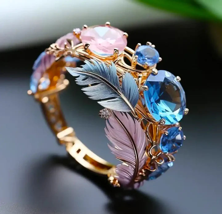 Bague vintage exotique en cristal et plumes