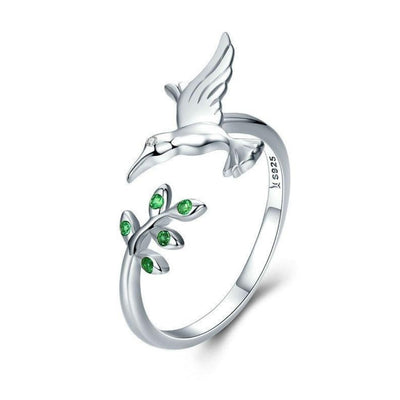 Bague colibri en argent sterling 925 avec feuilles en zirconium vert