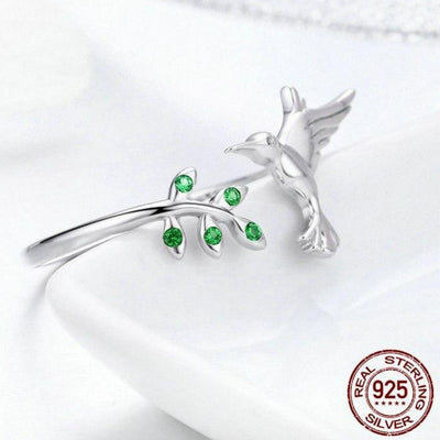 Bague colibri en argent sterling 925 avec feuilles en zirconium vert
