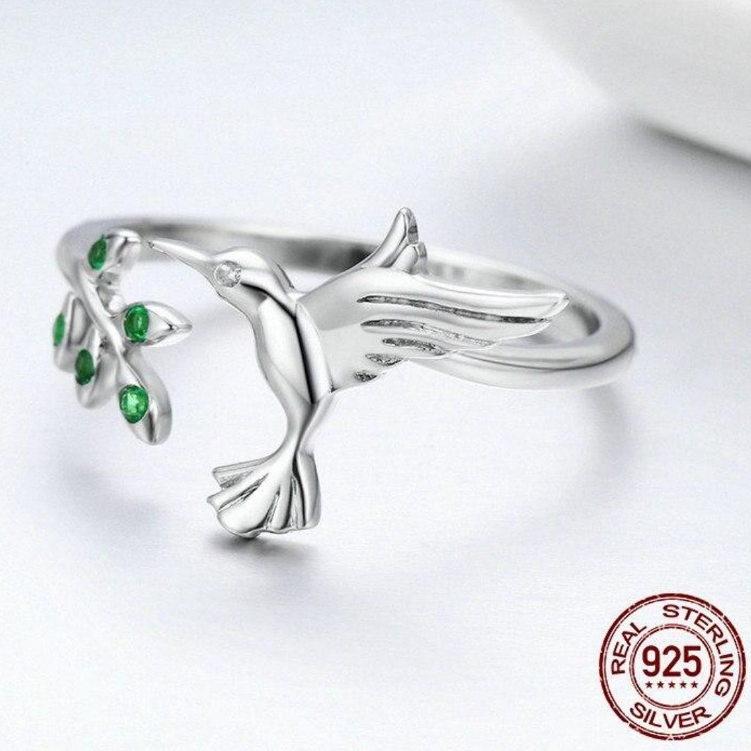 Bague colibri en argent sterling 925 avec feuilles en zirconium vert