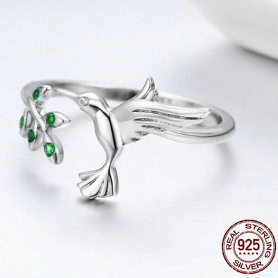 Bague colibri en argent sterling 925 avec feuilles en zirconium vert