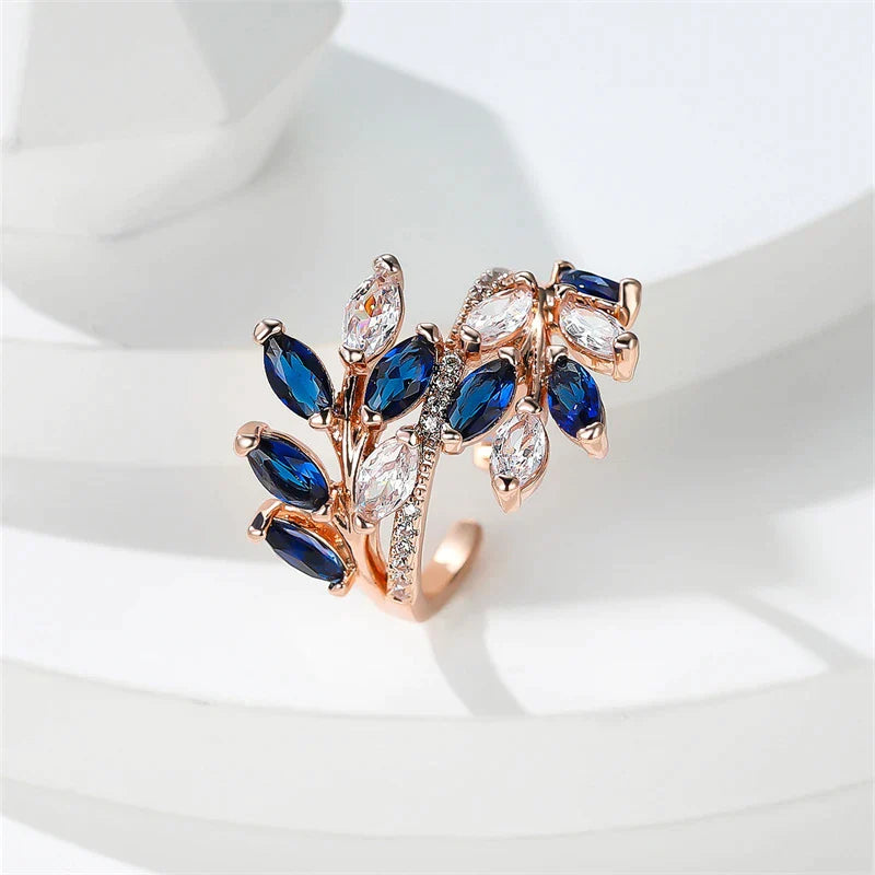 Bague Adjustable Bleu Cristal Feuille