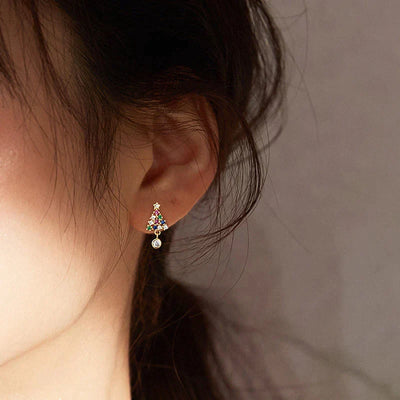 Boucles d'Oreilles Arbre de Noël avec Zirconium en Or