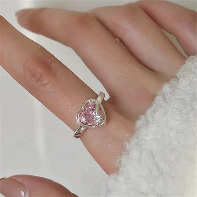 Boucles d'Oreilles et Bague en forme de Cœur en Cristal Rose en Argent Sterling