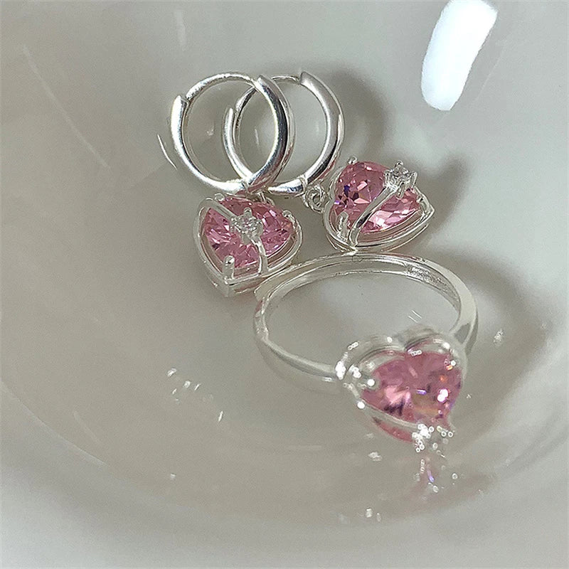 Boucles d'Oreilles et Bague en forme de Cœur en Cristal Rose en Argent Sterling