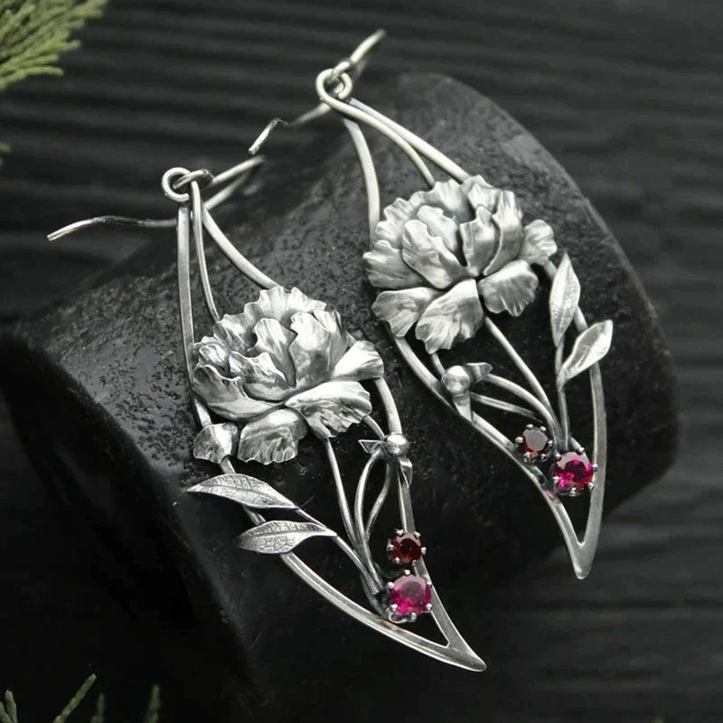Boucles d'Oreilles Boho Floral avec Zircon Rouge en Argent