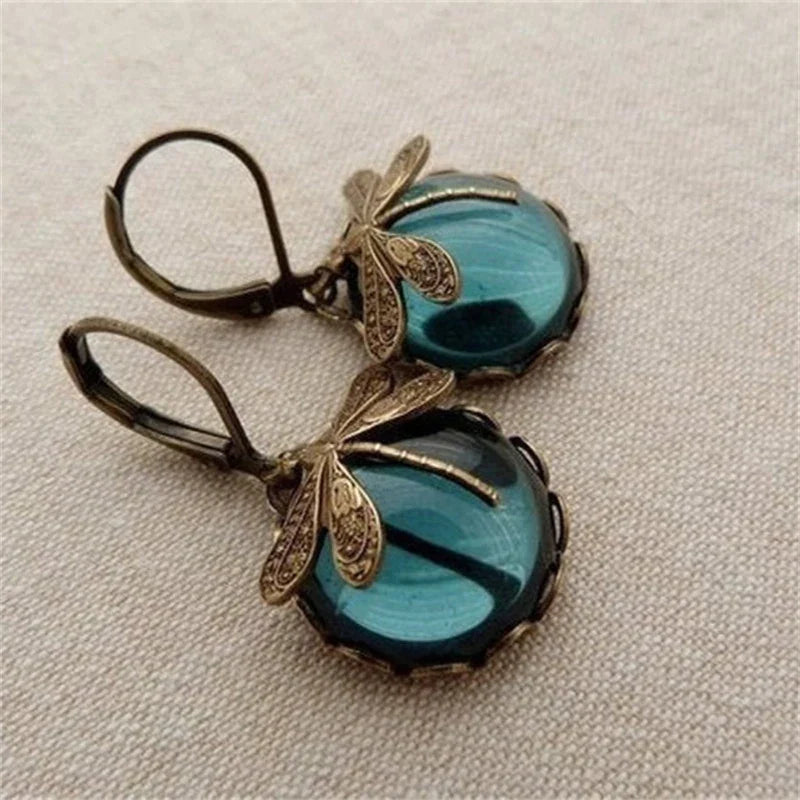 Boucles d'Oreilles Libellule avec Cristal en Or Antique