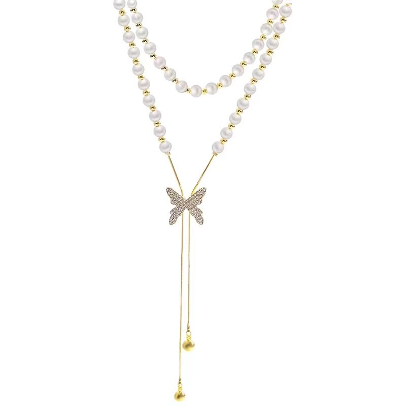 Pendentif Papillon en Zirconium Avec Perles en Or